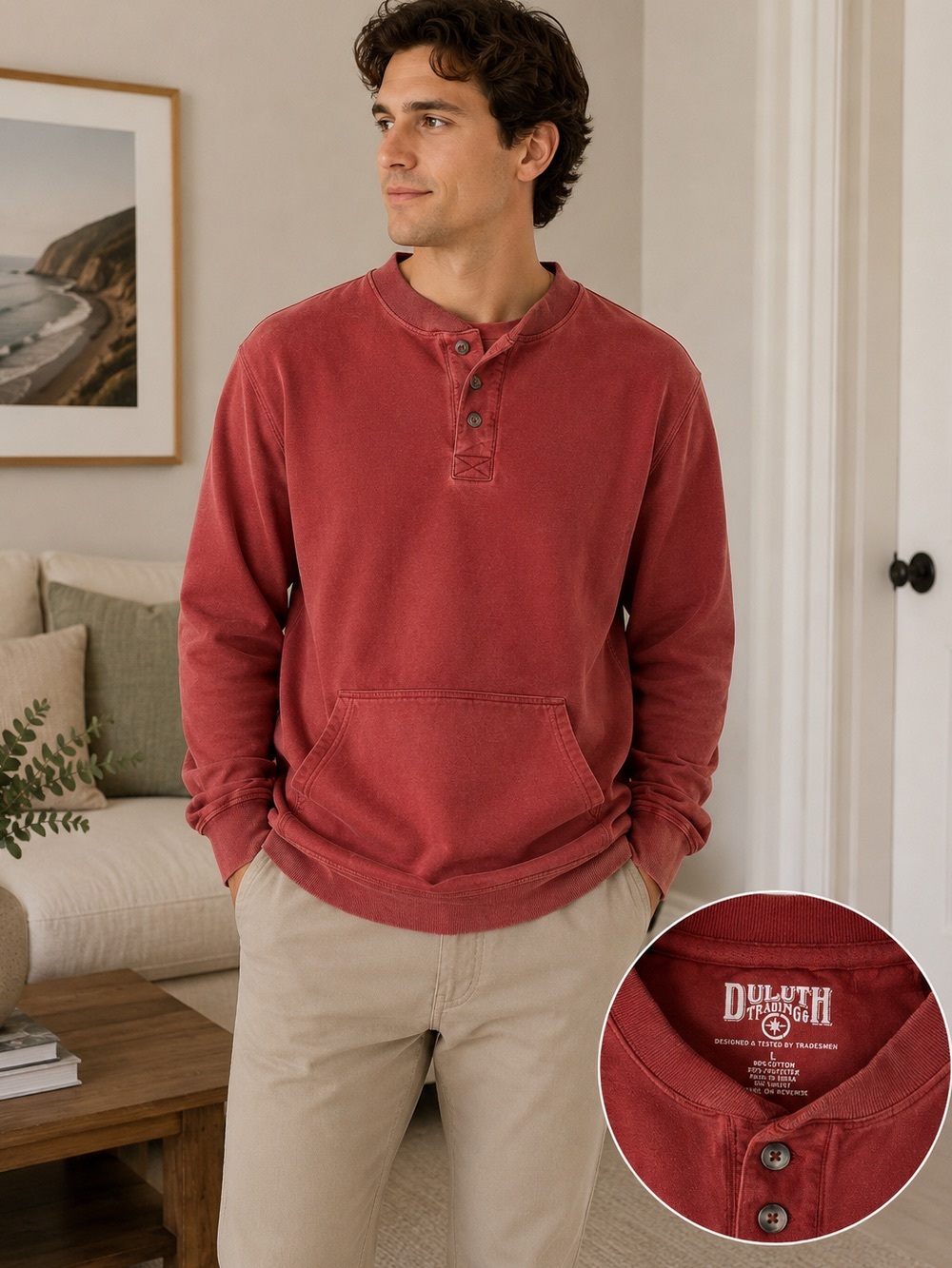 Duluth Trading Co Men's Brick Red Henley Crewneck Sweater L